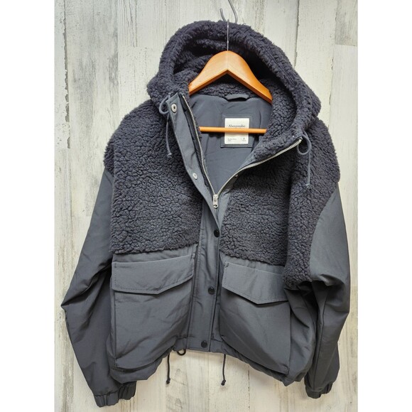 Abercrombie & Fitch Jacket Women Medium Black Sherpa Hooded Cropped - Picture 1 of 7